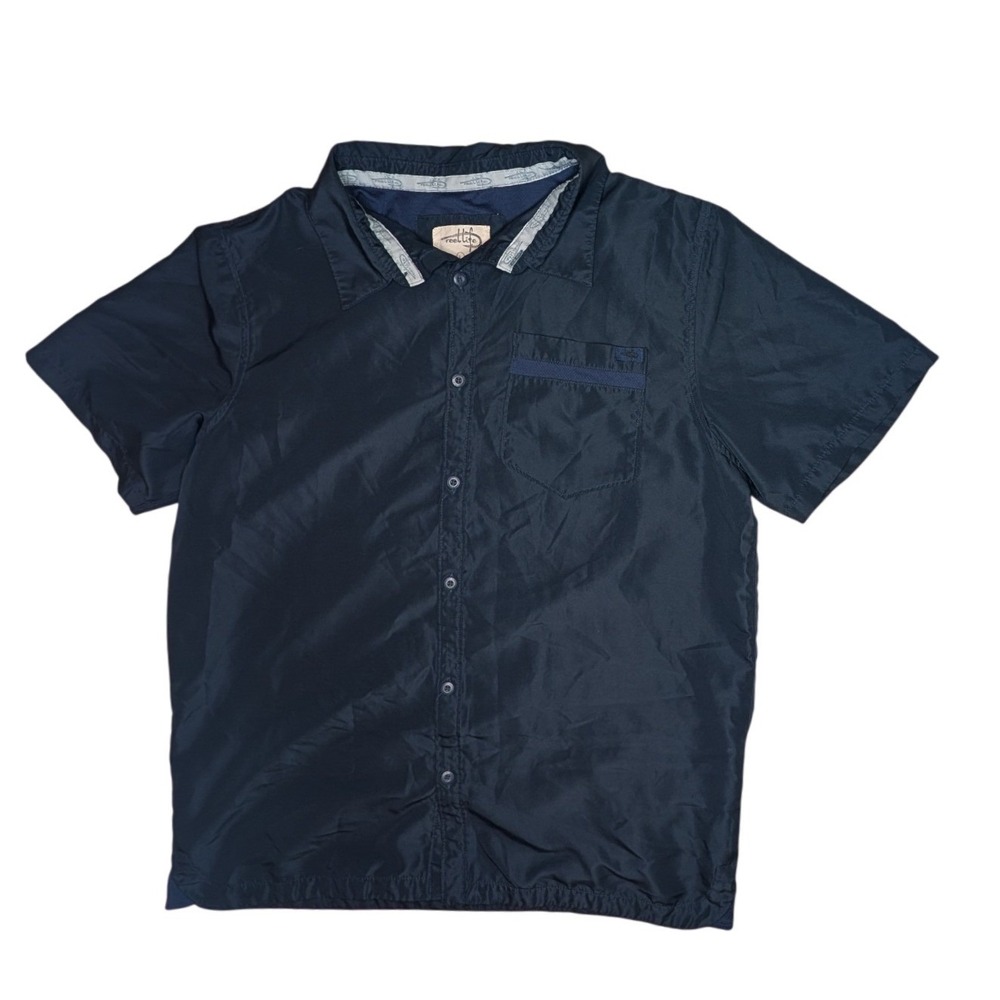 Reel Life Fishing Shirt Mens L Navy Blue Short Sleeve Vented Button Up Camp
